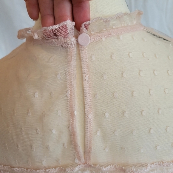 Express blush pink lace Swiss dot lined Victorian mock neck long sleeve blouse S - Picture 9 of 10